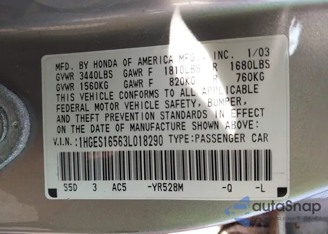 2003 Honda Civic Lx z USA, uszkodzony, nr VIN 1HGES16563L018290